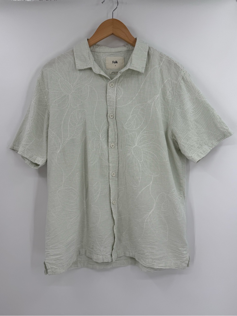 Folk Linen Blend Embroidered Stripe Shirt | Sage Green / White | Large